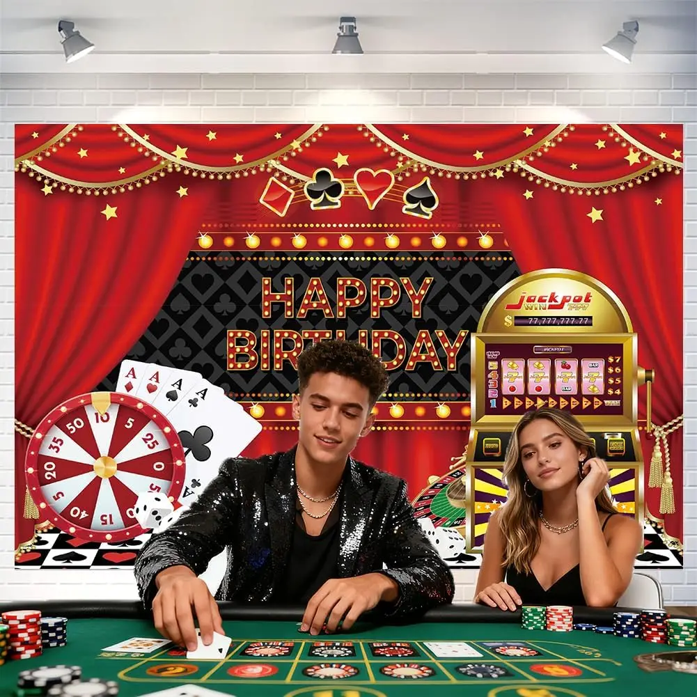 Casino Themed Happy Birthday Tapestry, Las Vegas Style with Poker and Slot Machine Print Wall Hanging for Party Decor view 5