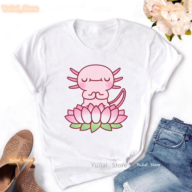 Cute Axolotl Seated On Lotus Flower Relaxolotl Graphic Print T Shirt Girls Meditation Tshirt Women Summer Fashion Tops Tee Shirt