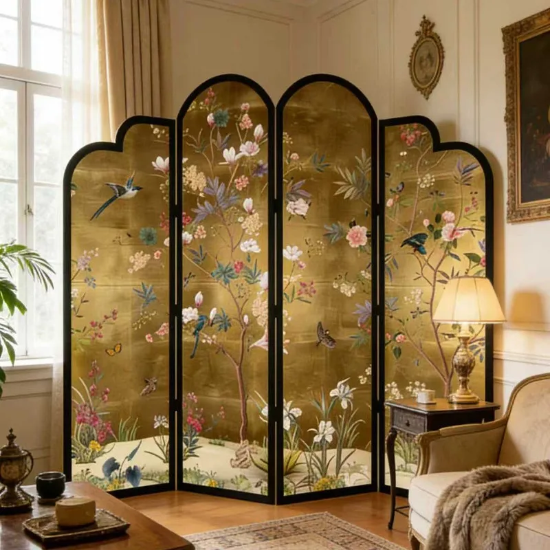 French medieval solid wood screen partition living room foldable mobile folding screen hotel bed and breakfast background wall