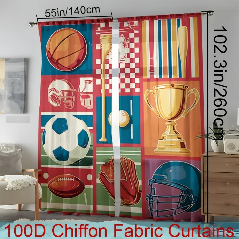 Retro Sports Collage Curtain, Basketball Soccer Football Trophy Pattern Drape, Vintage Athletic Game Window Treatment for Kids