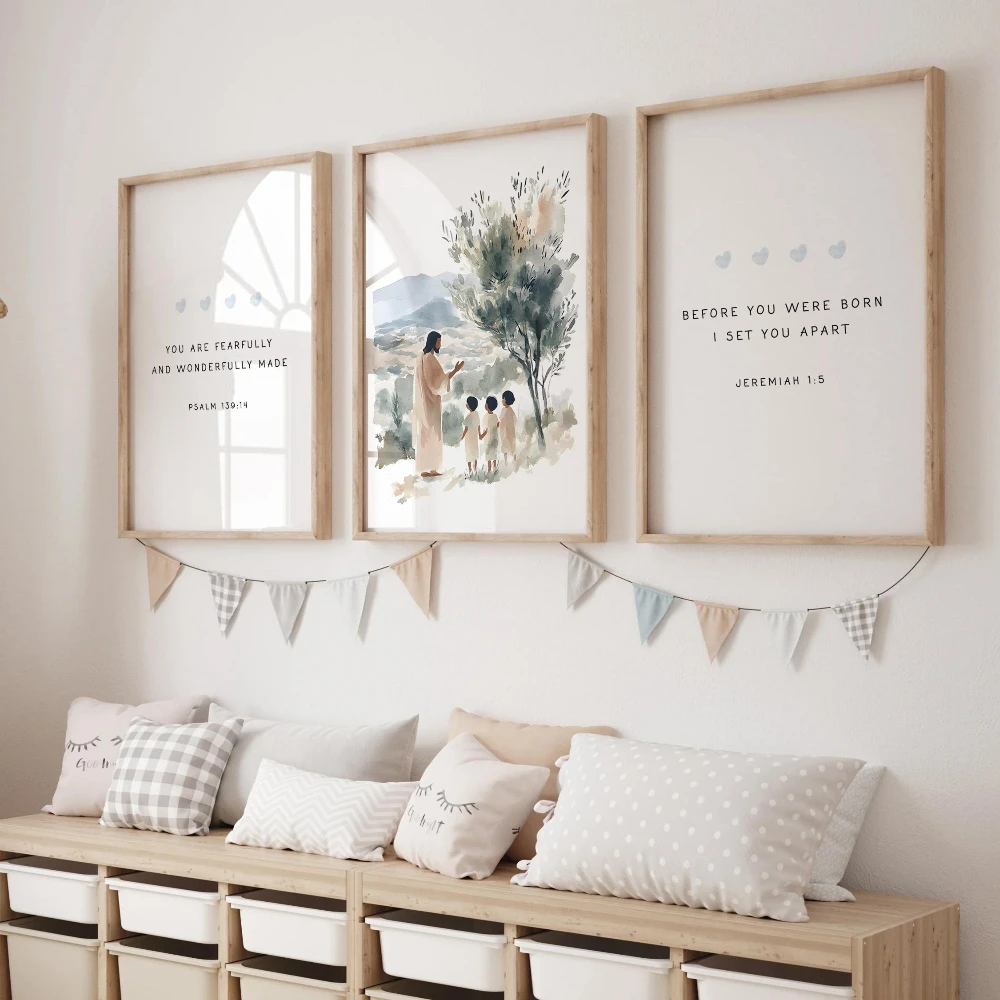 Peintures décoratives pour la chambre des enfants chrétiens, textes bibliques, couleurs neutres, affiches de Jésus enseignant les enfants