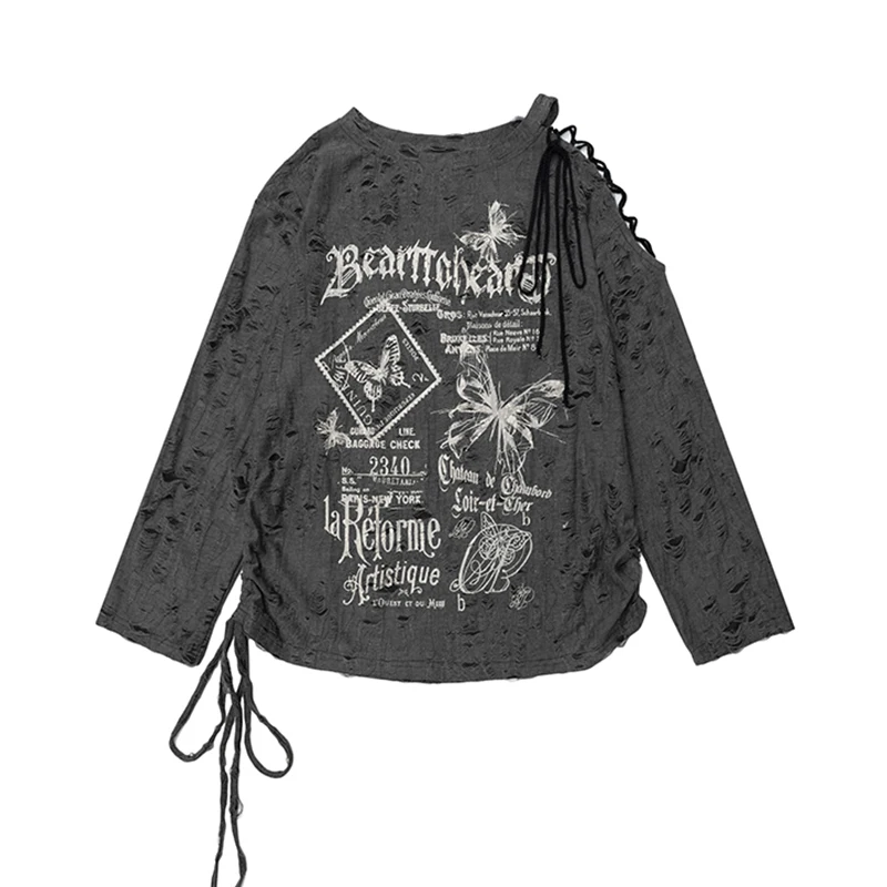 2025 Autumn Women Dark Academia Gothic Harajuku Top 2000s Aesthetic Long Sleeve T-Shirt Loose Casual Tees Gyaru Japanese Y2k