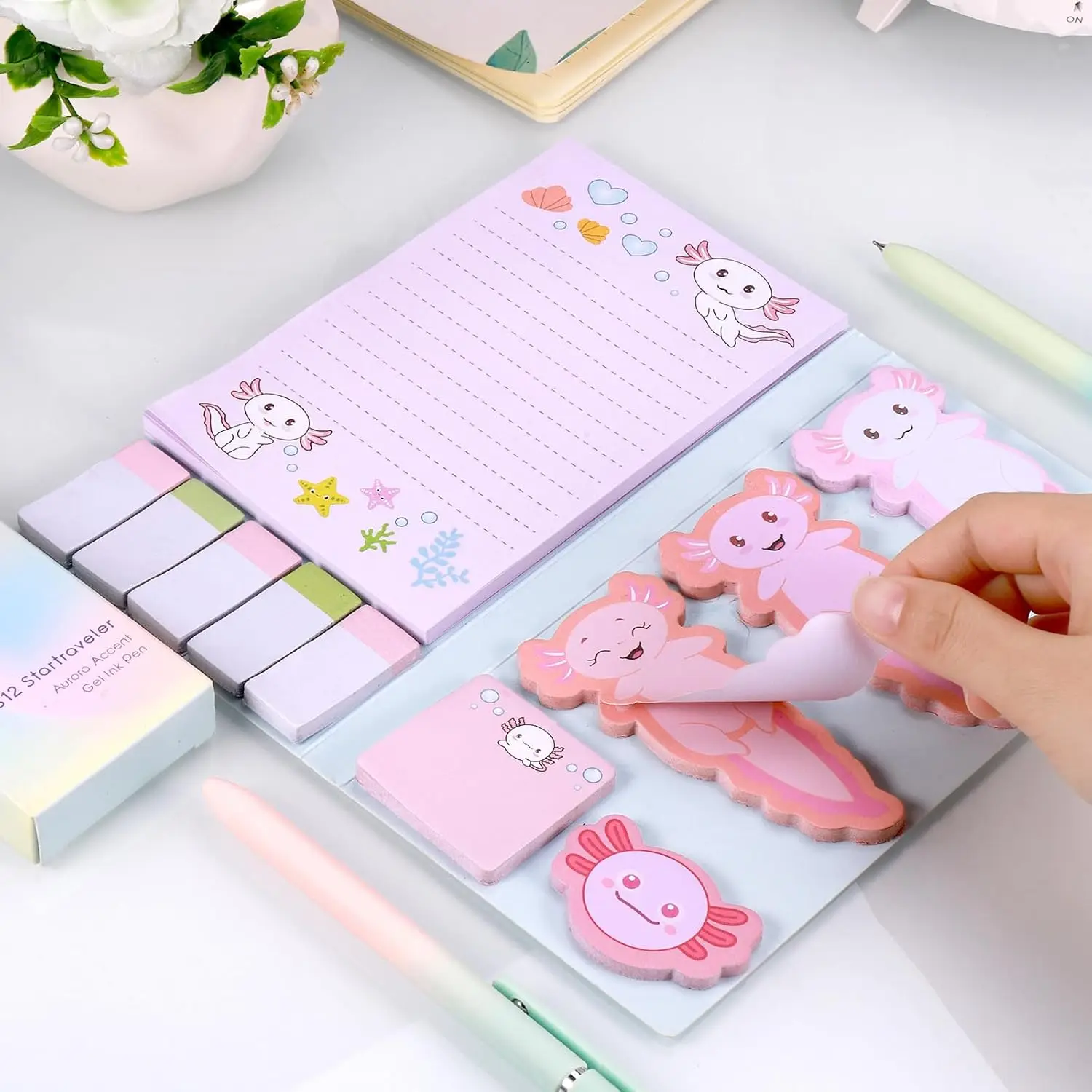 1/2 Sets Axolotl Haftnotizen Niedliche Cartoon Rosa Notizblöcke Weihnachts-Geschenkset für Mädchen Partyzubehör Schulbedarf für Schüler Schule Büro – Detail 4