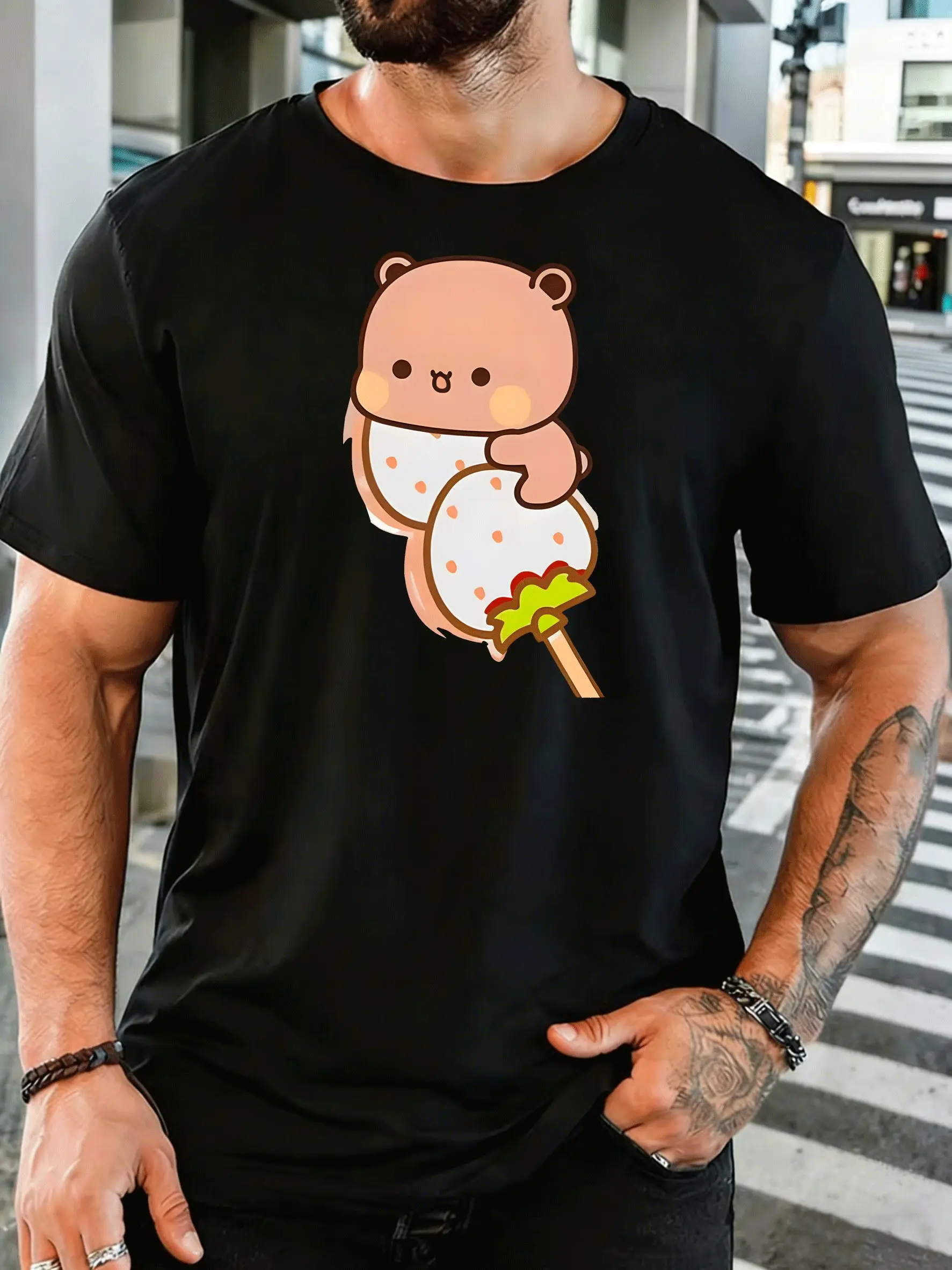 Men Short Sleeve T Shirt Cute Bear Strawberry Graphic Tee Sweet Cartoon Print Tops Soft Cotton Casual Street Wear For Adult Male