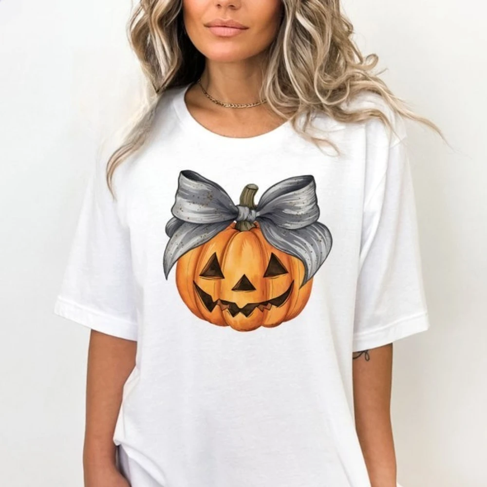 

Retro Halloween Pumpkin Tshirt Spooky Season Tee Pumpkin Lover Gift T-Shirt Pumpkin Bow Creative Design Tops Women Fashion Shirt