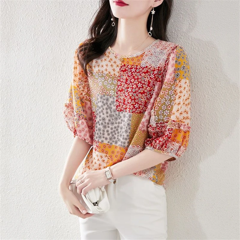 Summer Women\'s Clothing Korean Fashion Print Ruffle Elegant Sweet Blouse Casual Half Sleeve Loose Shirt Chic Chiffon Tops Blusas