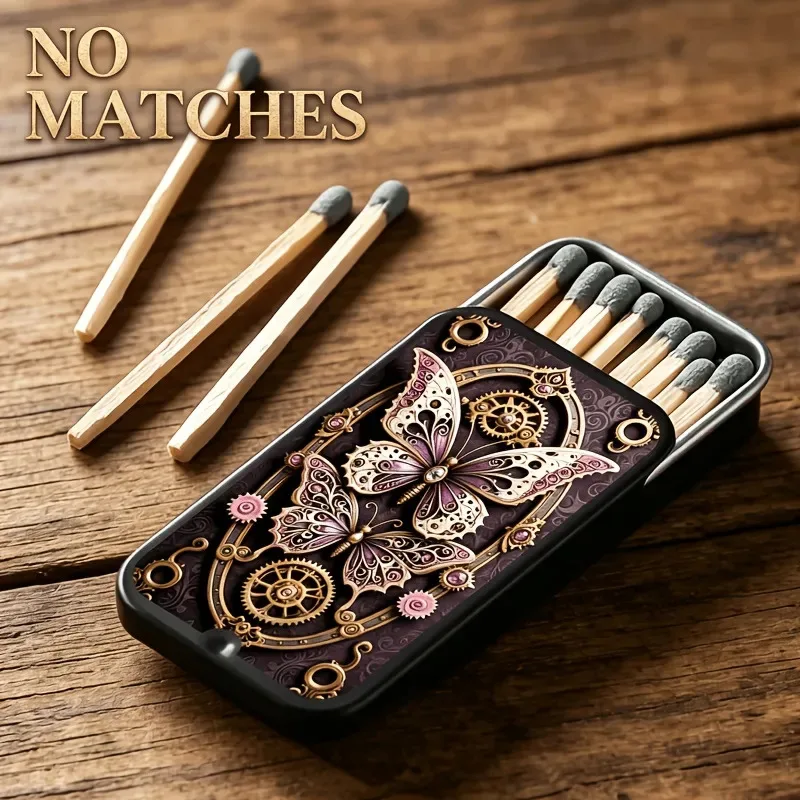 Vintage Steampunk Butterfly Match Storage Tin, Rectangular Metal Matchbox Holder, Portable Decor Box for Matches & Small Items