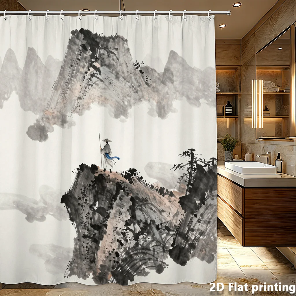 中国水墨画シャワーカーテンプリント、山頂の学者、霧の山と松の木、ポリエステル、71インチ×71インチ、12個のグロメット付き