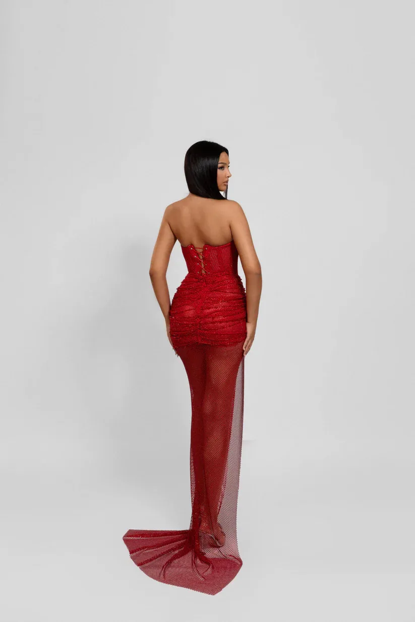فستان رسمي أحمر لامع مطرز عميق على شكل قلب ثوب مسائي مزين بالخرز وفتحة جانبية فساتين لحضور الحفلات الموسيقية حسب الطلب #3