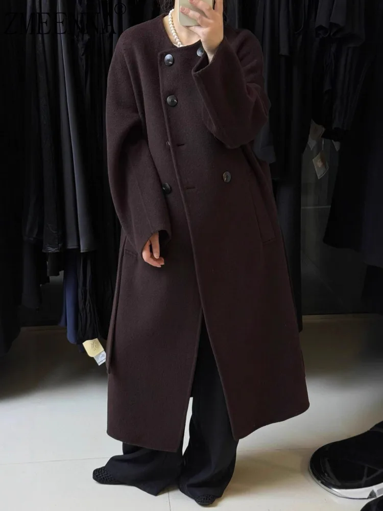 

ZMEENNA Women's Coats Wool Blend Maxi Oversized Double Breasted Winter Jacket With Asymmetric Button Closure ZM3622