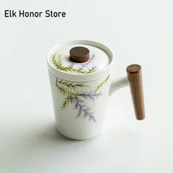 300ml Pure Hand-painted Wisteria Flowers Mug Antique Wooden Coffee Cup Mug with Tea Infuser Tea Soaking Personalized Cafes Mug