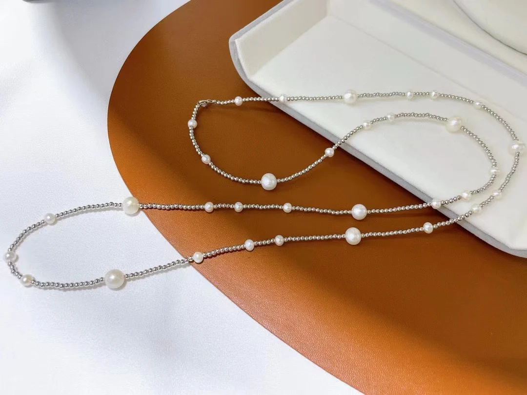 High Chic Long Fresh Water 4-7mm White Genuine Pearls necklaces for Women Holidays Presents