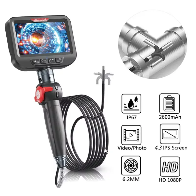 

Ralcam 2-Way Rotary 360° Industrial Piping Endoscope Camera Borescope Inspection with 4.3'' IPS Screen 6.2mm HD 1080P 1M/2M/3M