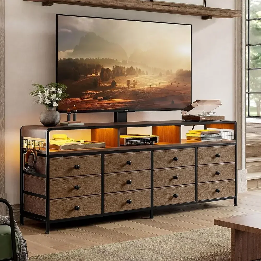 Walnut TV Stand with Mount for 32-70 Inch TVs, Entertainment Center, Charging Station, LED Lights, Media Storage