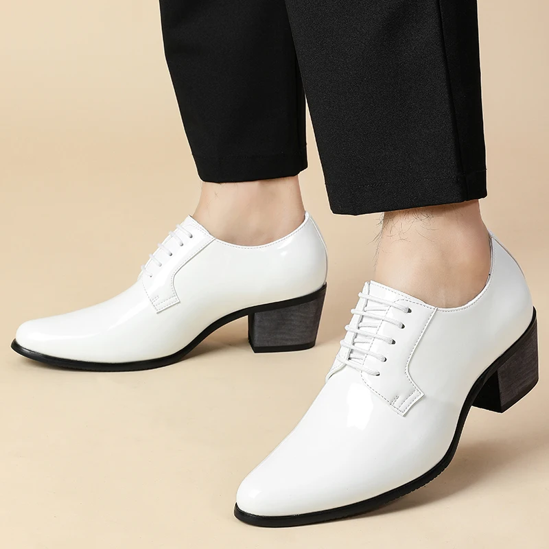 Men's Evening Cuban Heel Oxford Shoes 38-46 Patent Leather Elevated Block Heel Formal Wedding Daily Footwear White Black Full