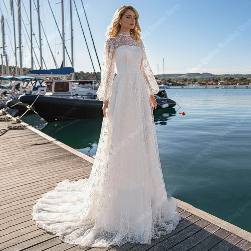 Lindos vestidos de noiva A para mulheres, vestidos de noiva espumantes, renda formal, mangas compridas, vestidos de baile, 2024