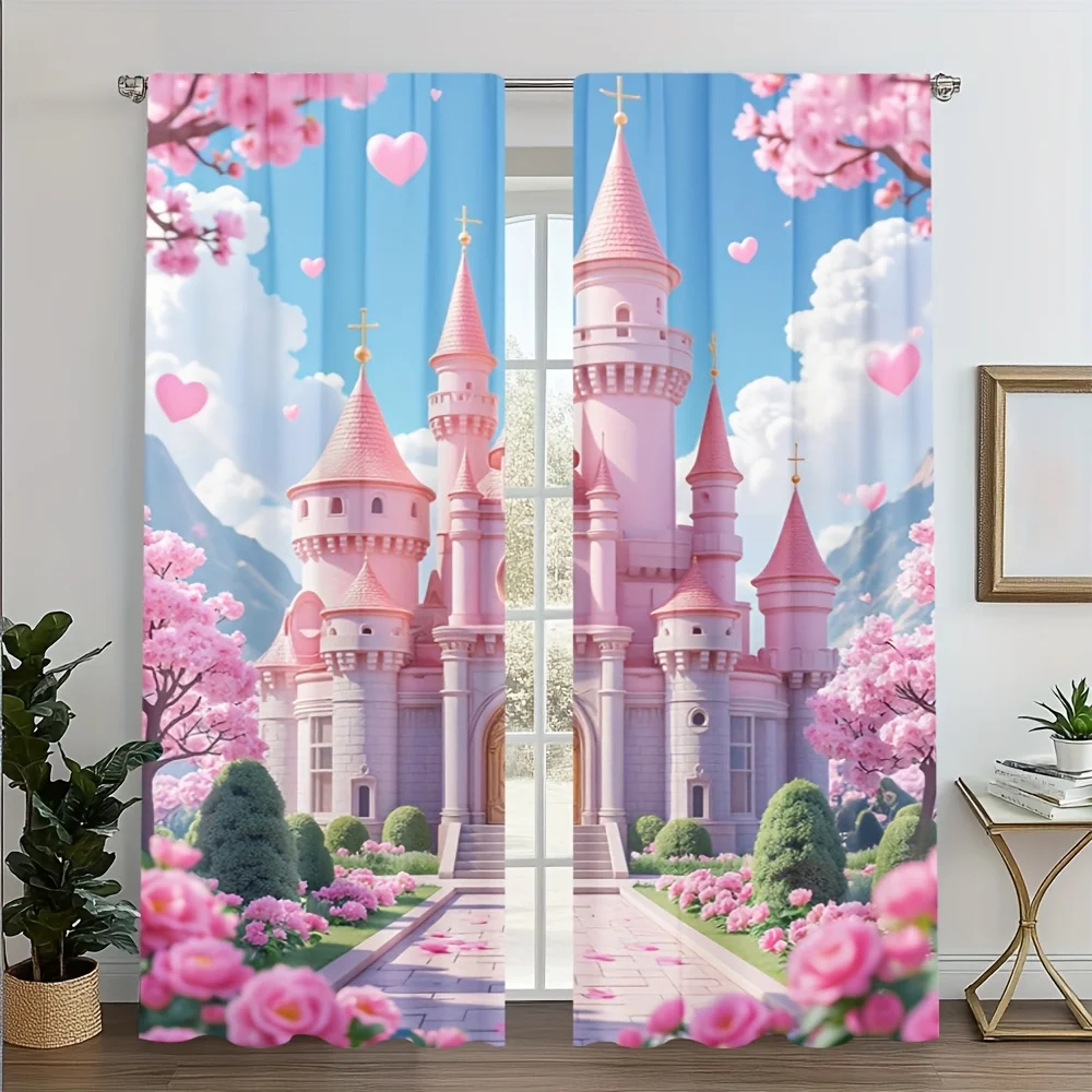 Pink Fairy Castle Cherry Blossom Curtain 2 Panels Floating Heart White Cloud Blue Sky Background Master Bedroom Curtain Princess