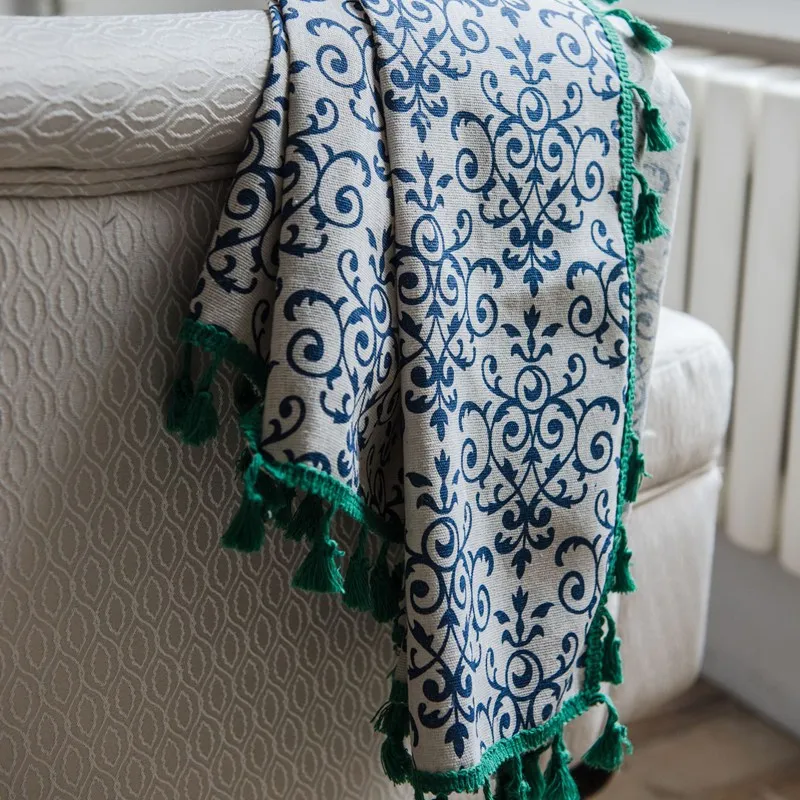 Cotton Linen Curtain Blue And White Porcelain Printing Tassels Chinese Style Kitchen Valance Semi-shading Living Home Drapery