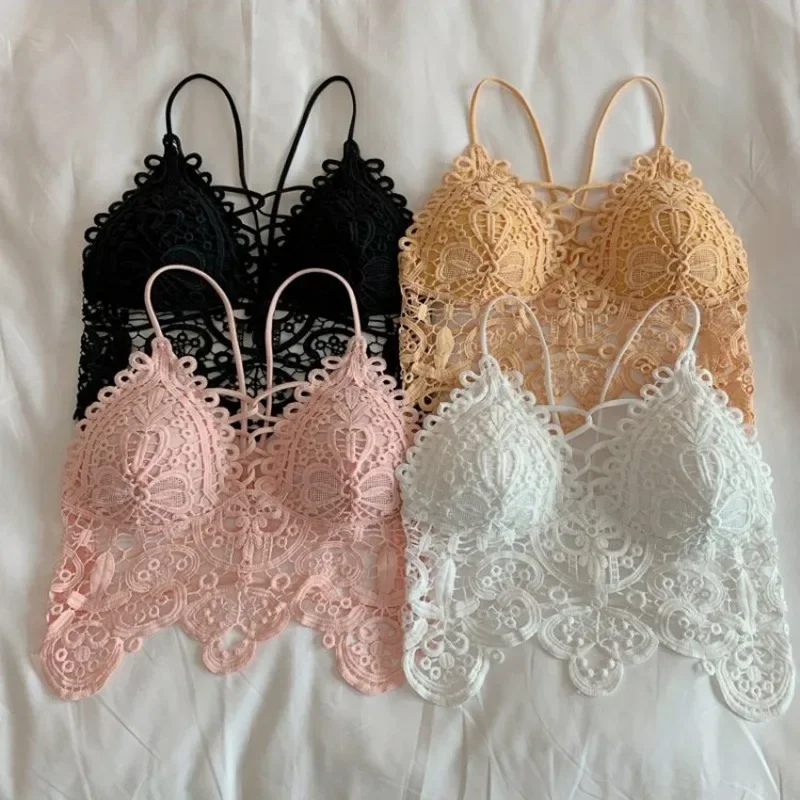 Summer New Women Sexy Vintage Hooked Flower Hollow Outer Wear Bra Short Camisole Top Lace Soft Crochet Spaghetti Strap Vest