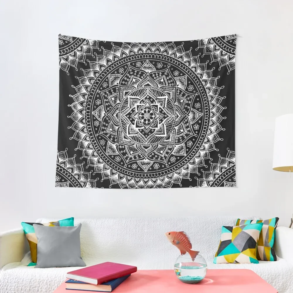 

White Flower Mandala on Black Tapestry Korean Room Decor Wallpaper Tapestry