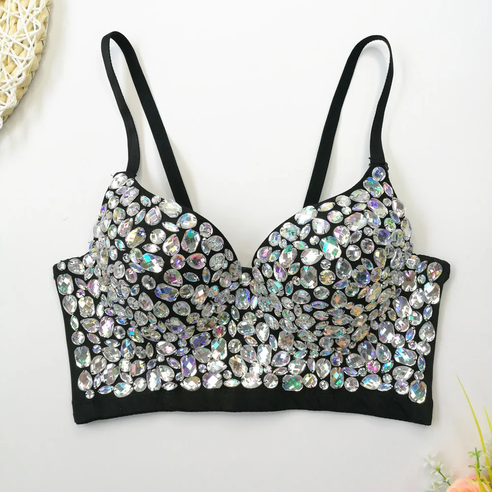 Sexy Rhinestone Bra with Triangle Cups Deep V Push Up Bustier AB Crystal Push Up Bra for Women Clubwear & Stage Performance