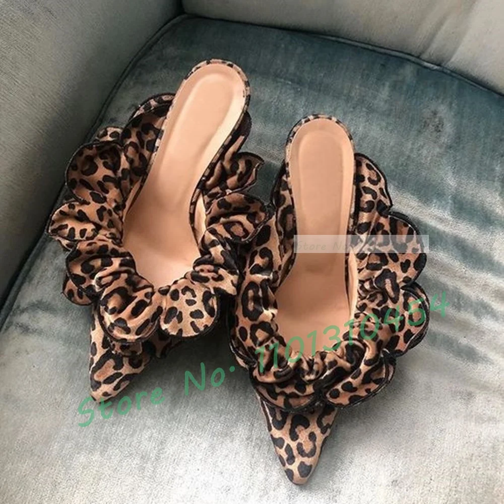 Green Ruffles Low Heels Mules Women Sweet Flower Wrap Design Pointy Gorgeous Shoes Summer Ladies Luxury Leopard Sexy Slippers