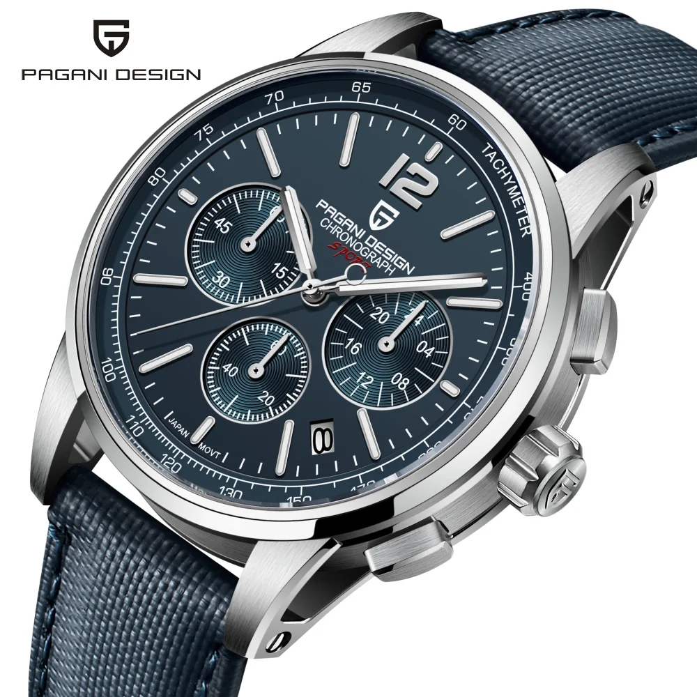 PAGANI DESIGN 41mm Men's Classic Sport Quartz Watch Japan VK63 Movt 100M Water Resistant Sapphire Stainless Steel Chronograph