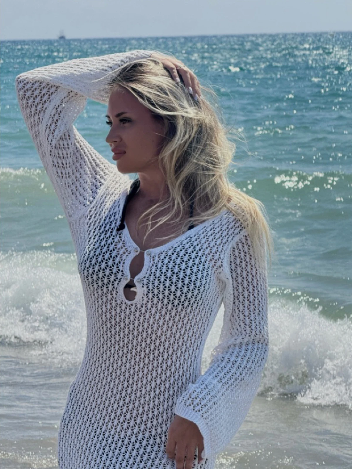 Vestido curto casual de férias, malha vazada de manga comprida para praia, estilo liso justo, moda primavera e outono