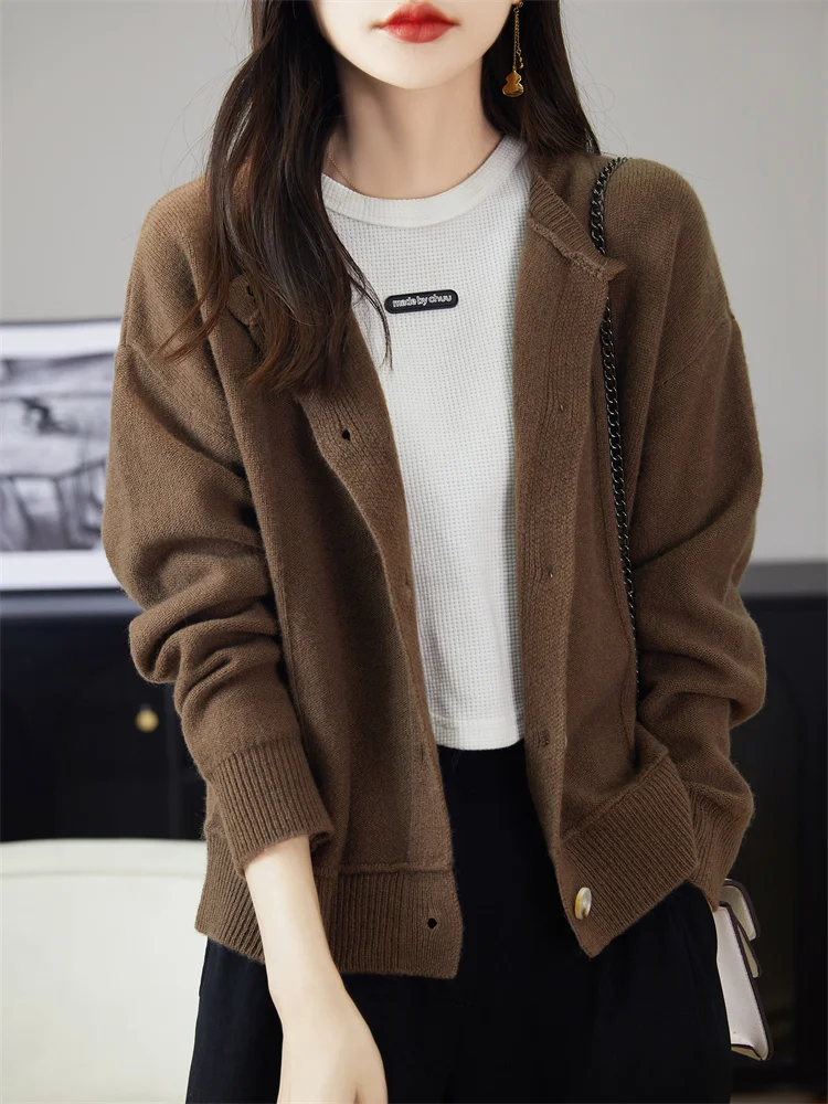 ADDONEE Autumn Winter Women O-neck Cardigan 100% Merino Wool Knitwear Long Sleeve Loose Cashmere Sweater Korean Popular Tops
