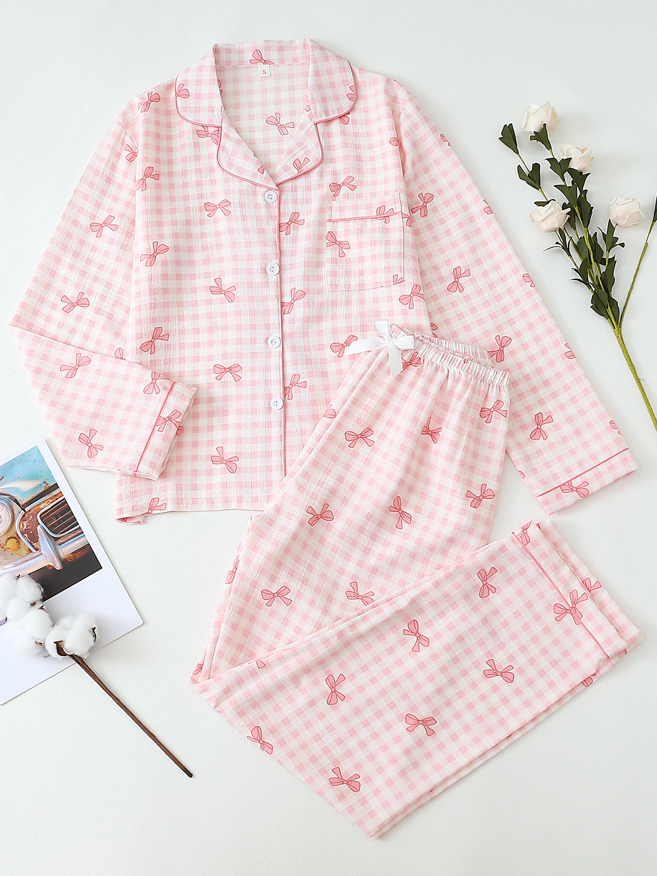 Two-Piece Comfortable Plaid Bow Print Lapel Button-Up Top and Bow-Tie Long Pants Women's Pajama Loungewear Set Suitable for Home Use