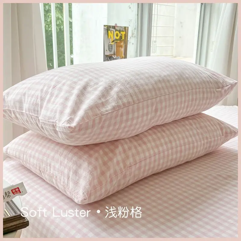 Pink Grid Pillowcase Super Soft Washed Cotton Simple Sleep Pillow Cover Household Pillowcase Covers NO Filler