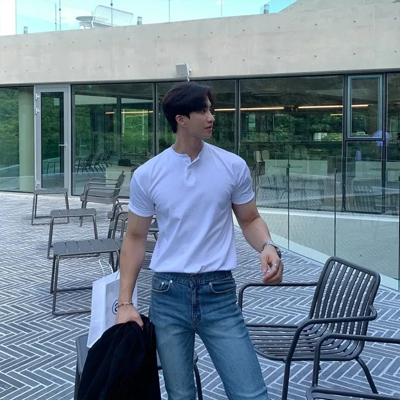 

New Men Light Luxury Henry Collar T-Shirt Leisure Button-down Solid Color Short Sleeve Korean Style 2025 Summer Streetwear