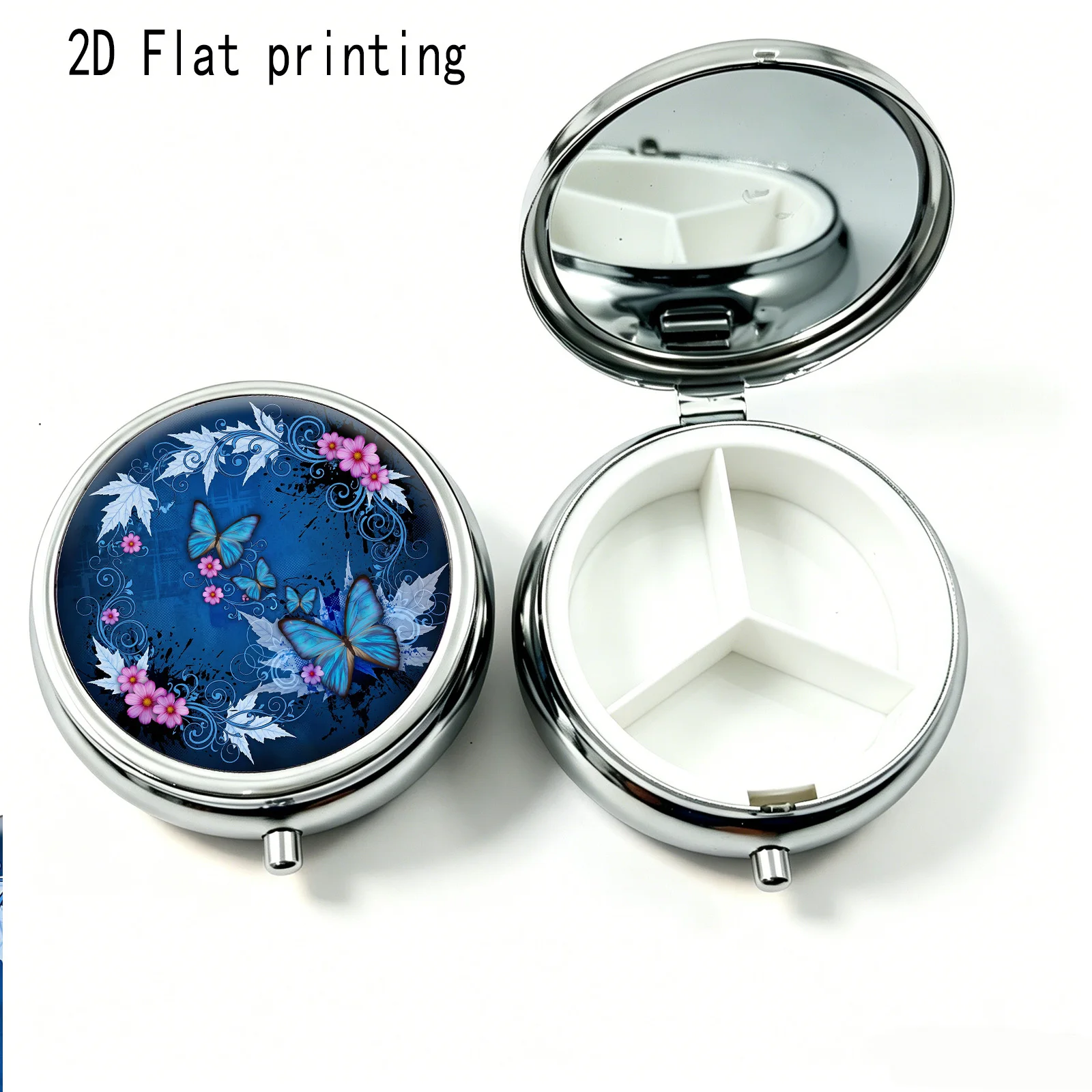Flat Printing, Portable Mini Three-Compartment Pill Box, Blue Butterfly Floral Print, Travel Medicine Storage Box, Sealed and Moisture-Proof, Capsule Vitamin Storage Box, Portable Small Pill Box
