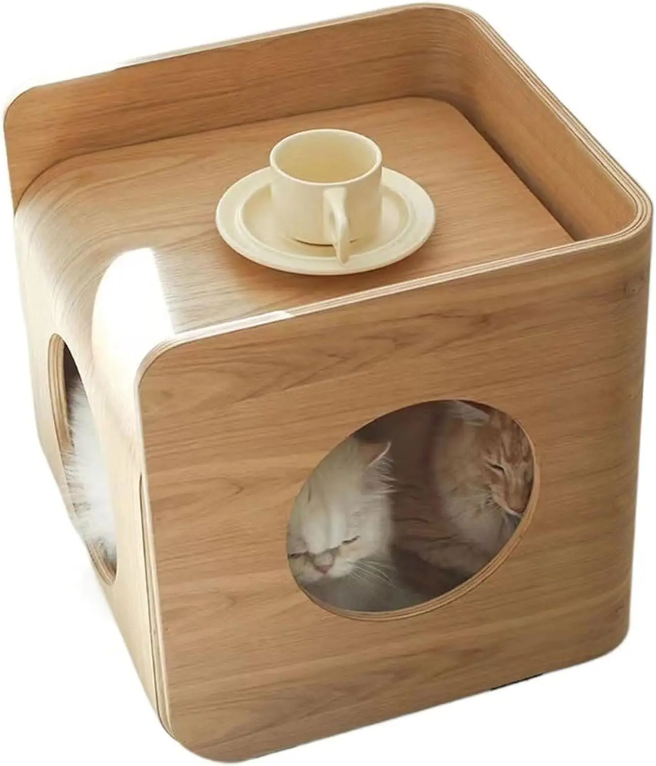 Cat House Multi-Function Wooden Sofa Side Table with Cat Cave Bed - End Table & Nightstand for Living Room