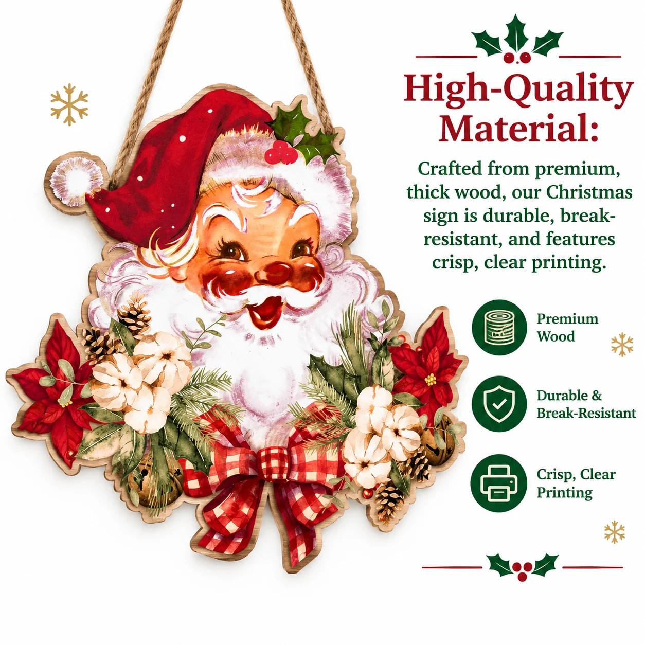 2D Flat Christmas Wooden Plaque Door Hanger Santa Claus Rustic Pre Installed Hemp Rope Party Wall Decor for Indoor Outdoor