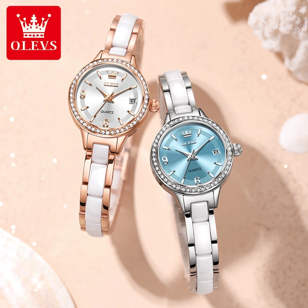 

OLEVS 7093 Women Quarts Watch Zirconia Dail Steel and Ceramic Bracelet Waterproof Luminous for Female Luxury Wistwatch.