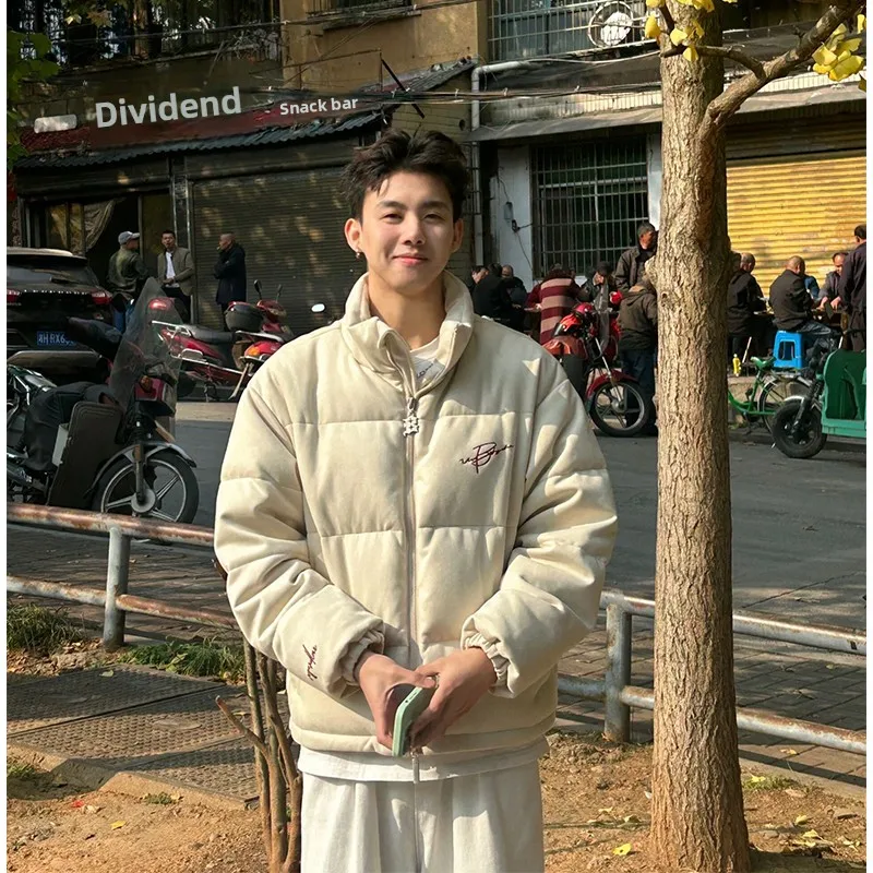 

Men's Suede Embroidered Cotton Jaet Thiened Stand Collar Retro American Sle Couple Outerwear Winter Warm Zipper Casual