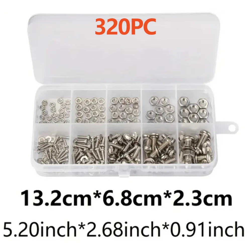

320pcs Premium Stainless Steel Screw and Nut Assortment Kit - Corrosion-Resistant Snap-in Nuts M2 To M5 Sizes for DIY