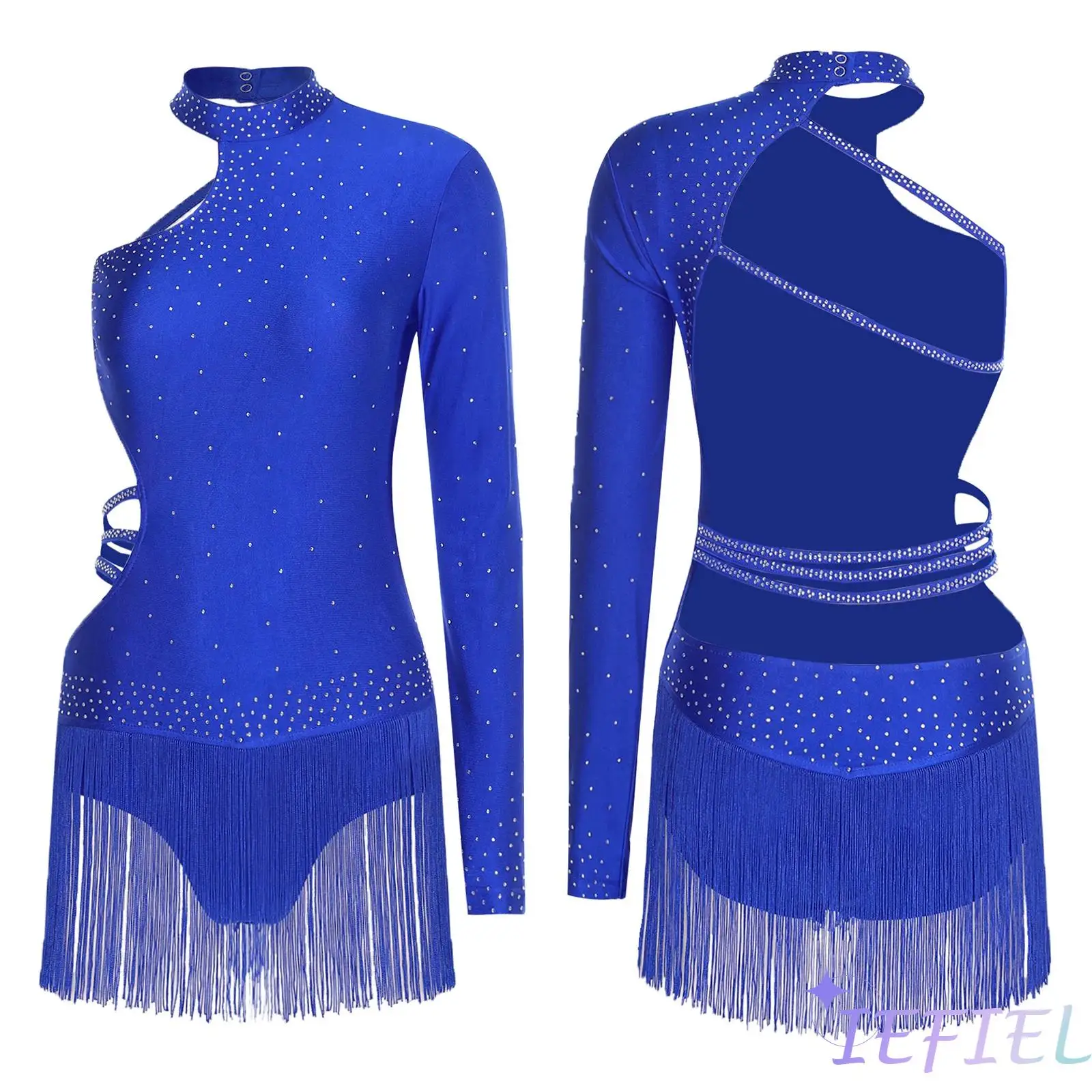 

Womens Tassel Latin Dance Dress Salsa Tango Ballroom Dancing Dress Shiny Rhinestones One Shoulder Fringe Dress Ballet Bodysuit