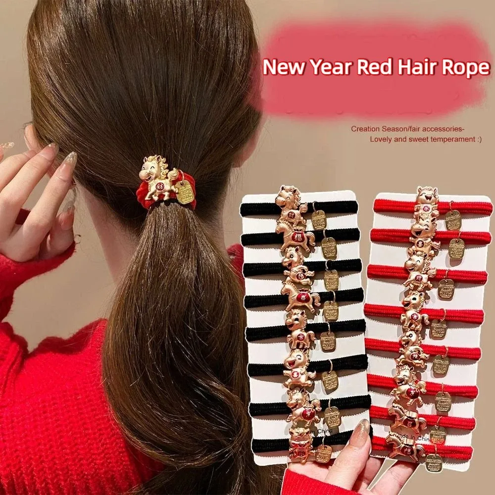 

Elastic Red Rope New Year Red Hair Rope 2026 Alloy Horse Year Rubber Band Bracelet Zodiac Year New Year Headwear