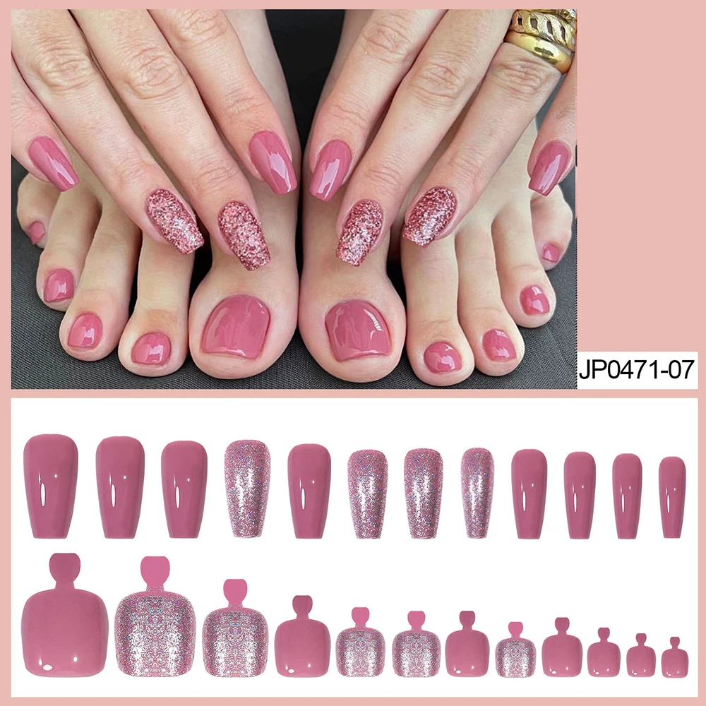 48Pcs Glitter Pink False Toenails Wearable Hand Feet Nail Art Set for Women Girl Artificial Nails Fake Nail Pieces WD