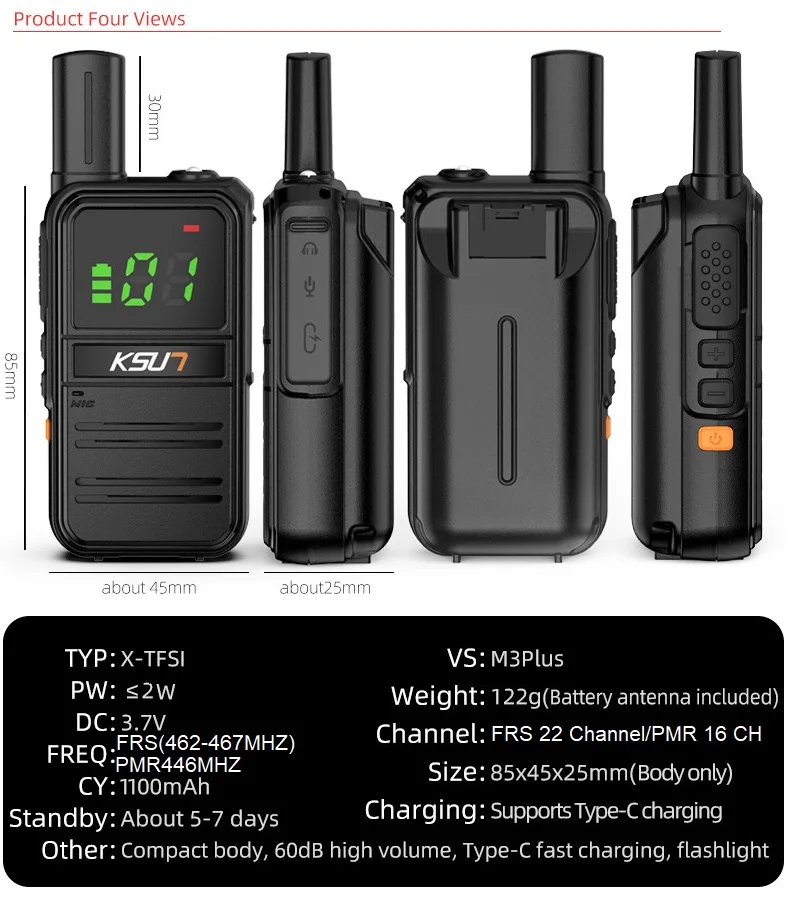 KSUT M3PLUS-Mini Walkie Talkie, rádios de comunicação, transceptor portátil, dispositivo sem fio, rádio bidirecional, tipo-C, PMR, FRS, crianças, 2pcs