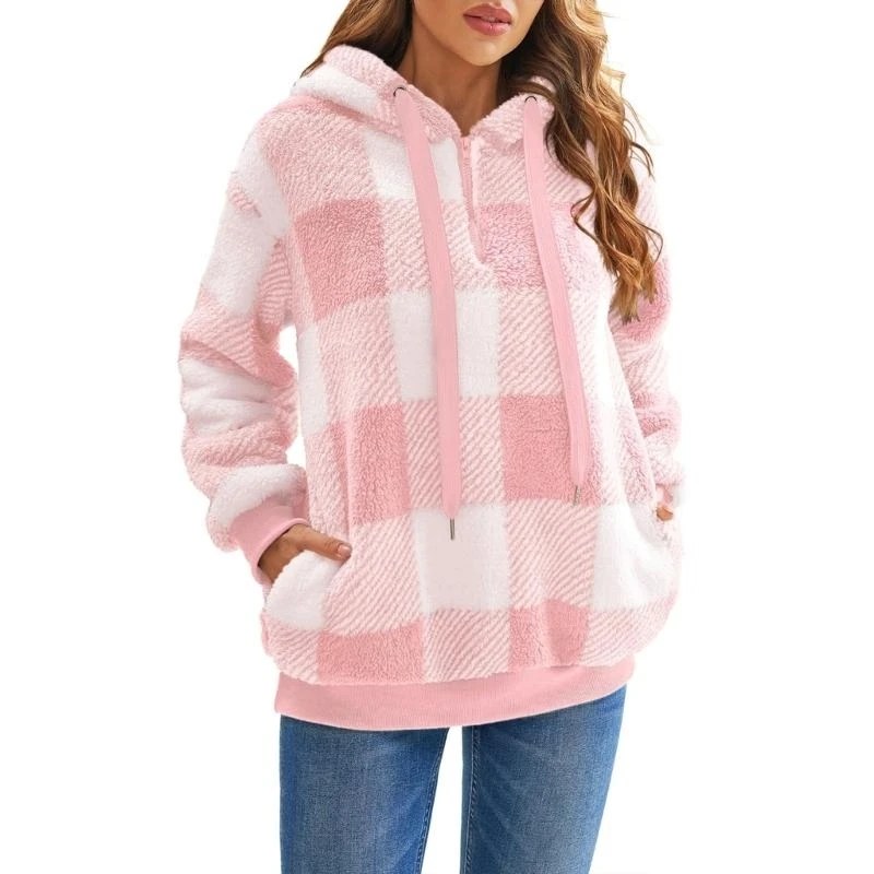 39BC Women's Pullover Oversized Plush Hoodie Double-Layer Fleece Sweatshirt Plaid Warm Coat