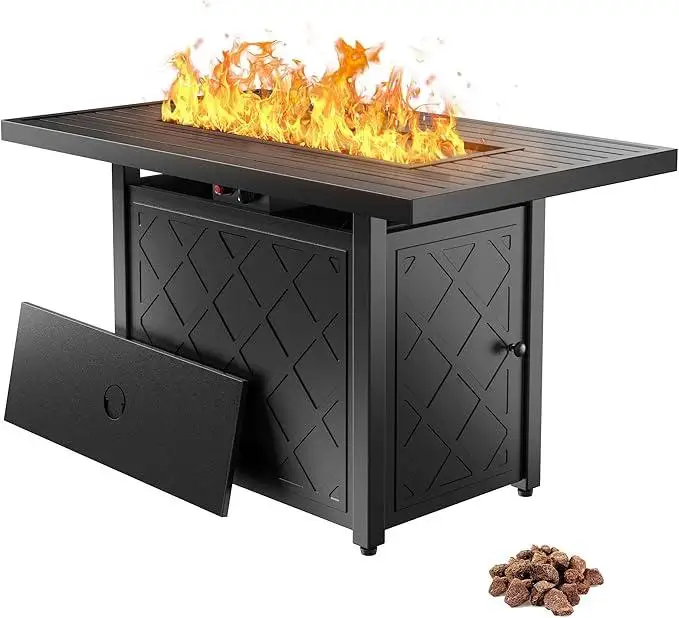 YITAHOME 43 Inch Propane Fire Pit Table, 50,000 BTU Gas Fire Pit with Ignition Systems, Iron Tabletop, Lava Rock, Lid