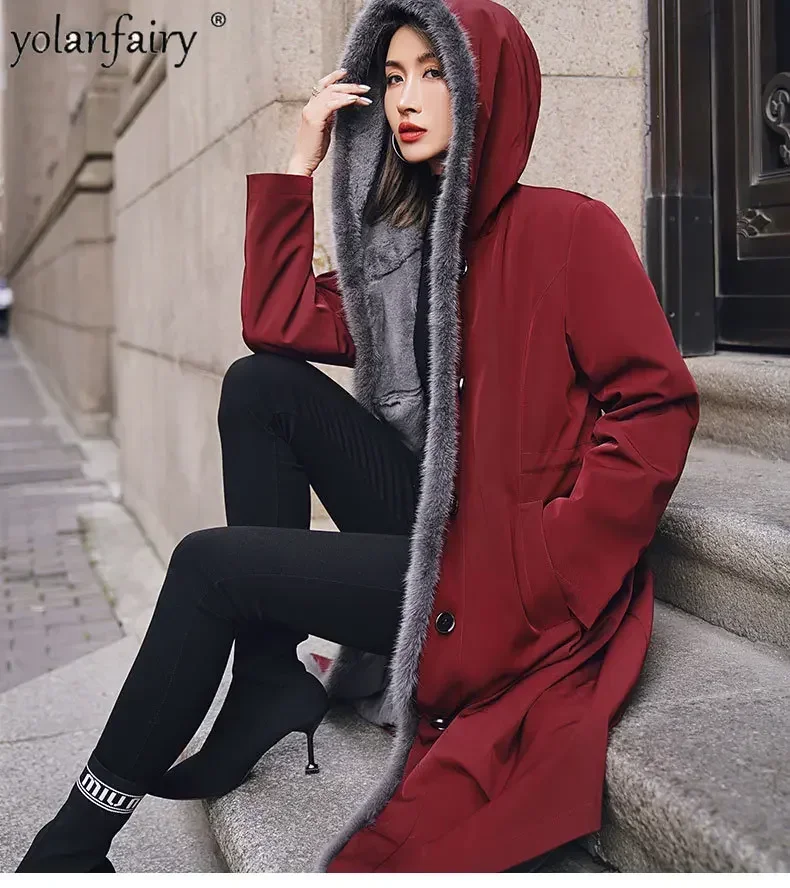 YOLANFAIRY جديد سترات نسائية من فراء الأرانب الحقيقي معاطف داخلية طويلة من الفرو معطف نسائي من المينك سترة شتوية للنساء ملابس خارجية FC