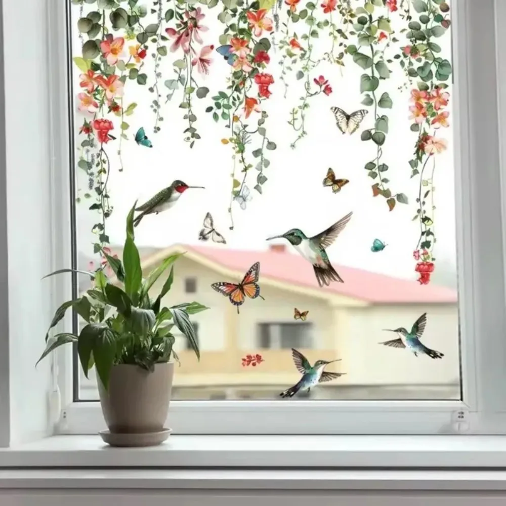 1pc Green Vines Flowers Window Decal  Hummingbirds, Butterflies Electrostatic Cling Sticker