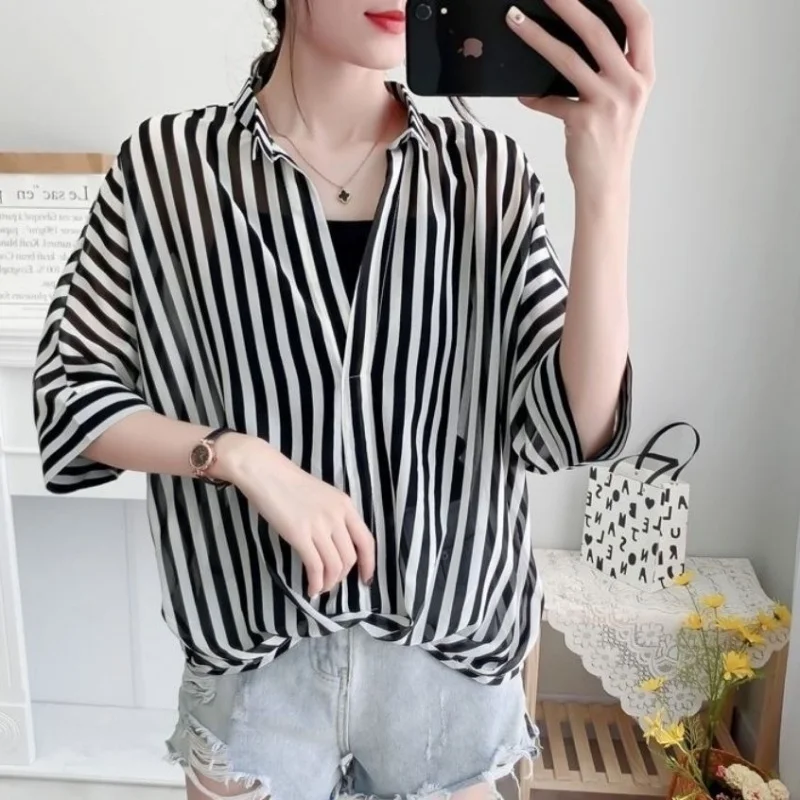 Summer Half Sleeve Loose V-Neck Women Blouse Chiffon Two Piece Set Tops Casual Elegant Clothes