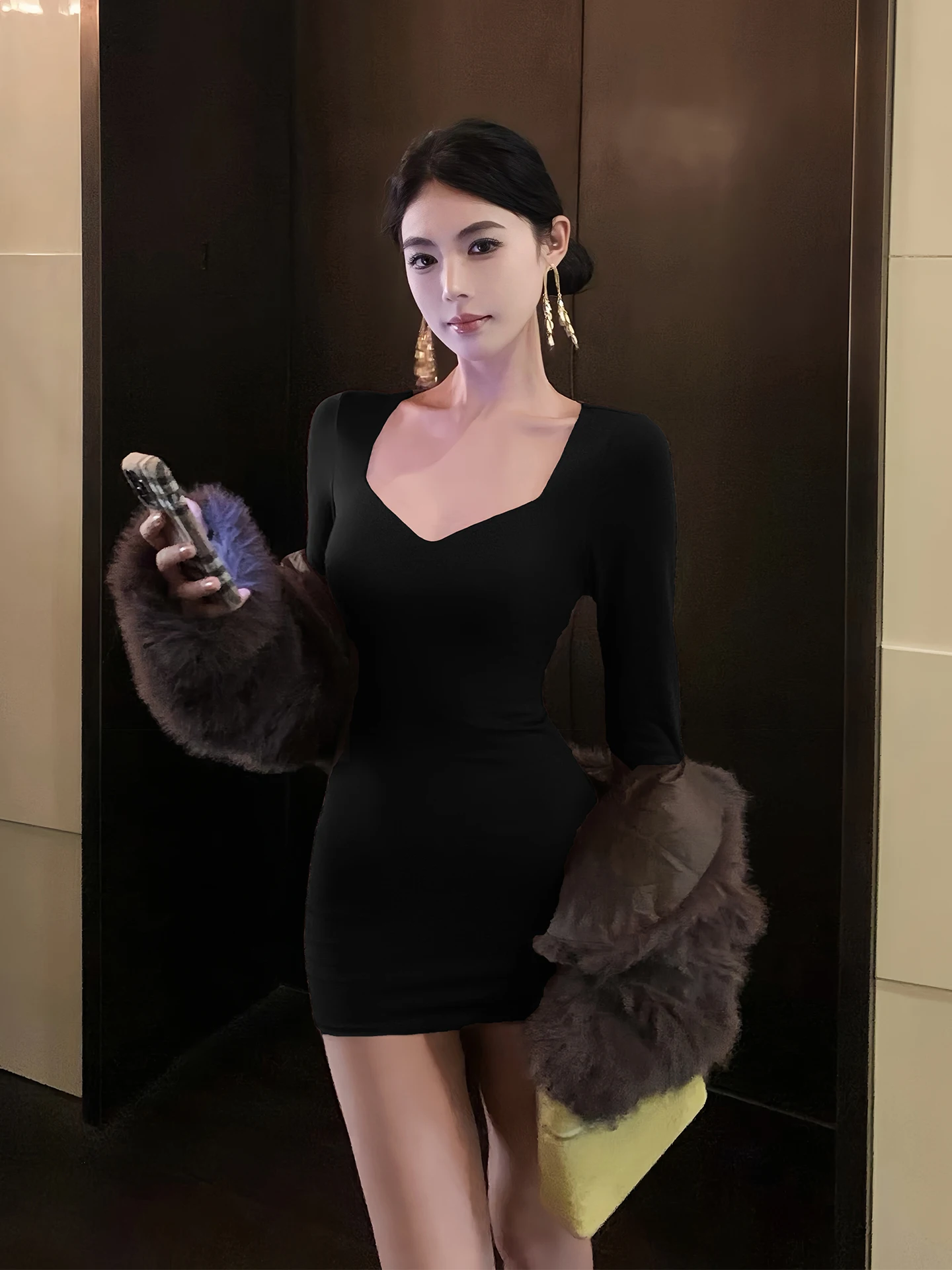 

Элегантное черное облегающее платье с длинным рукавом для женщин: модная сенсация, корректирующий крой, эффект утяжки живота, подходит для повседневной носки, V-образный вырез