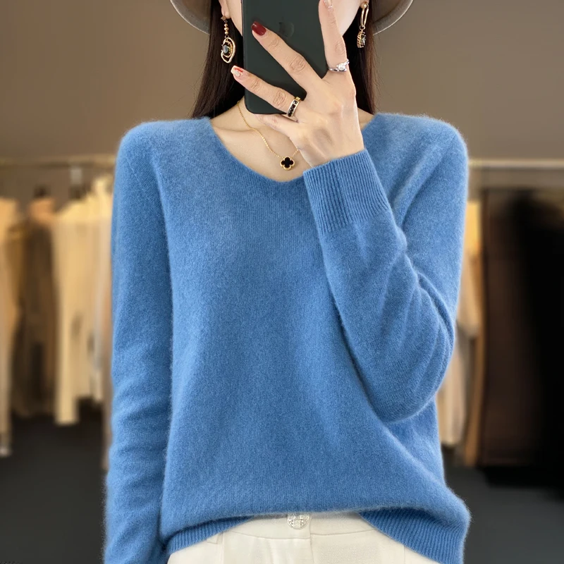 100% Merino Wool Basic Sweaters Women Knitted Pullover Top Winter Warm Soft V-Collar Polychrome Sweater Women's Jumper