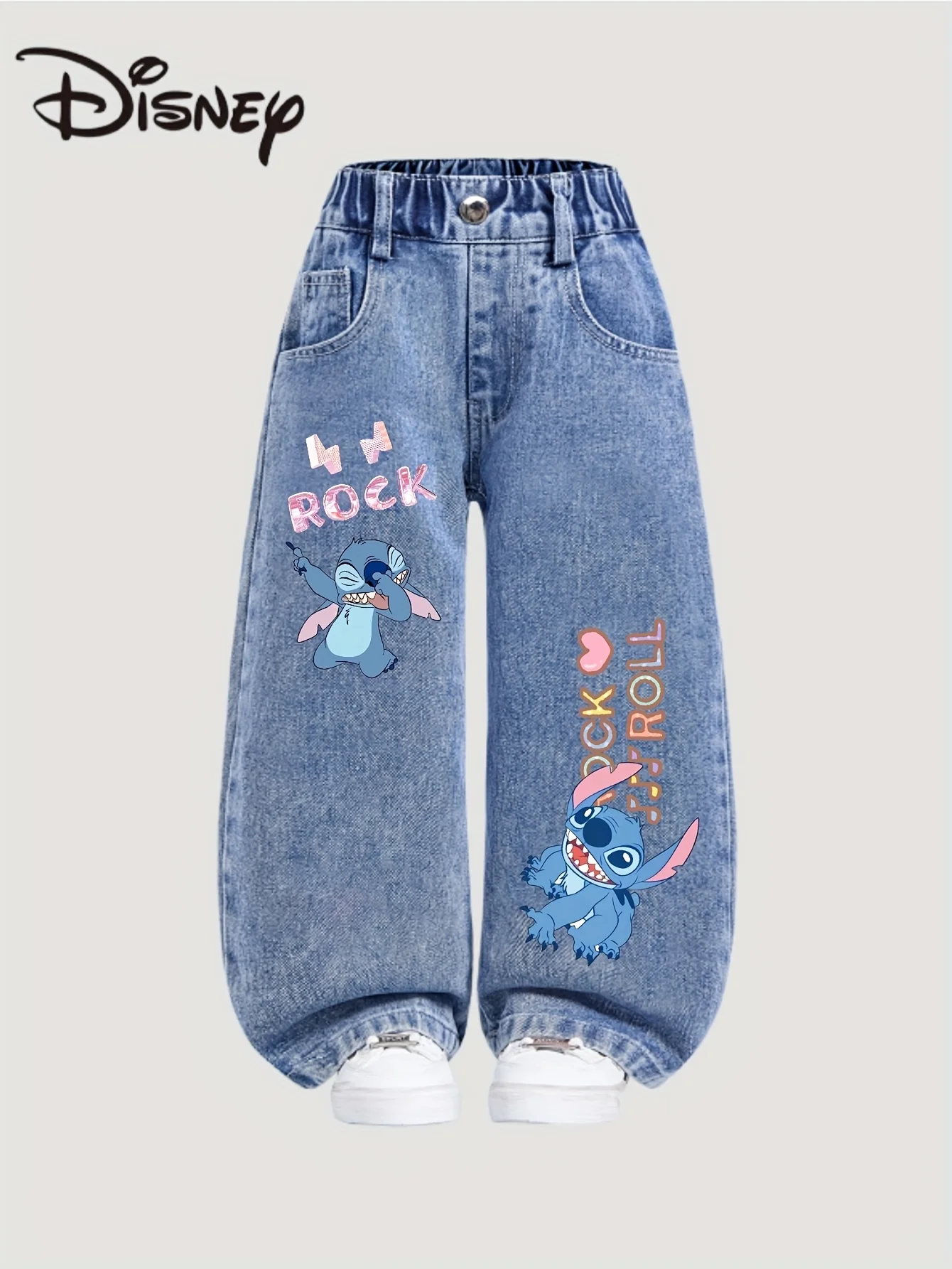 Disney Stitch Pattern Cute Straight Leg Loose Casual Jeans for Young Girls Fashionable All-Match Style Elastic Waist Comfortable